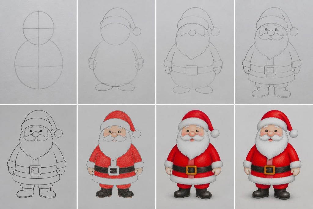 apprenez à dessiner un père noël facilement grâce à notre guide étape par étape, idéal pour les débutants et les enfants.